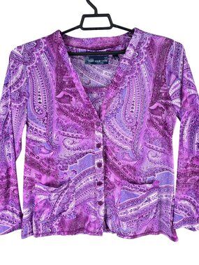 Womens Susan Graver Style Purple Paisley Cardigan & Tank Top Set Polyester L